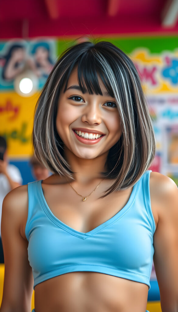 A lively and confident well busty teen girl with a playful tomboy vibe, featuring a bob cut, straight dark hair with white strands, and cropped light blue tank top deep V-neck. She exudes energy and charm, with a bright and colorful background that accentuates her youthful spirit. The scene is vibrant, filled with warm tones and soft lighting that highlights her cheerful expression and stylish attire. The composition includes dynamic angles and playful elements that create a lively and engaging atmosphere