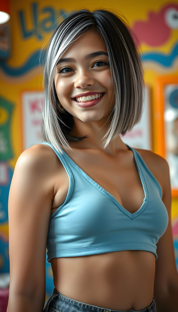 A lively and confident well busty teen girl with a playful tomboy vibe, featuring a bob cut, straight dark hair with white strands, and cropped light blue tank top deep V-neck. She exudes energy and charm, with a bright and colorful background that accentuates her youthful spirit. The scene is vibrant, filled with warm tones and soft lighting that highlights her cheerful expression and stylish attire. The composition includes dynamic angles and playful elements that create a lively and engaging atmosphere
