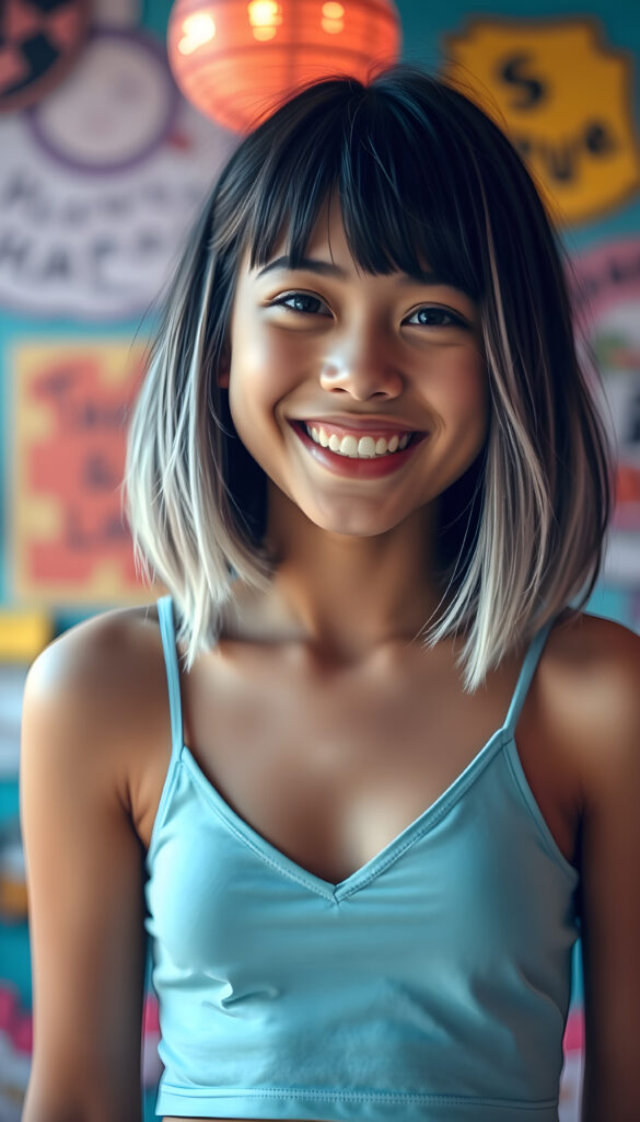 A lively and confident well busty teen girl with a playful tomboy vibe, featuring a bob cut, straight dark hair with white strands, and cropped light blue tank top deep V-neck. She exudes energy and charm, with a bright and colorful background that accentuates her youthful spirit. The scene is vibrant, filled with warm tones and soft lighting that highlights her cheerful expression and stylish attire. The composition includes dynamic angles and playful elements that create a lively and engaging atmosphere