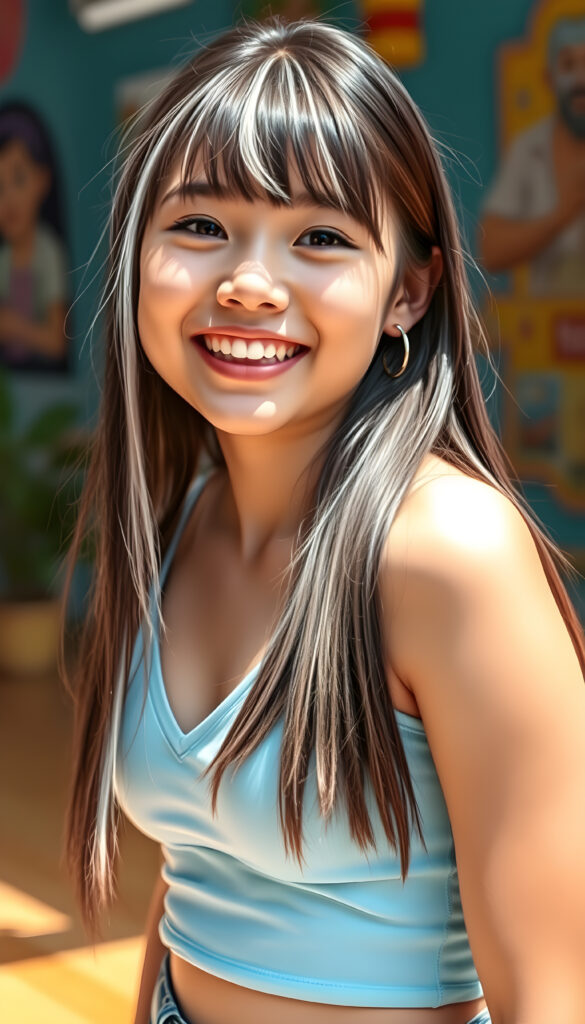 A lively and confident well busty teen girl with a playful tomboy vibe, featuring a bangs cut, straight very long dark hair with white strands, and cropped light blue tank top deep V-neck. She exudes energy and charm, with a bright and colorful background that accentuates her youthful spirit. The scene is vibrant, filled with warm tones and soft lighting that highlights her cheerful expression and stylish attire. The composition includes dynamic angles and playful elements that create a lively and engaging atmosphere