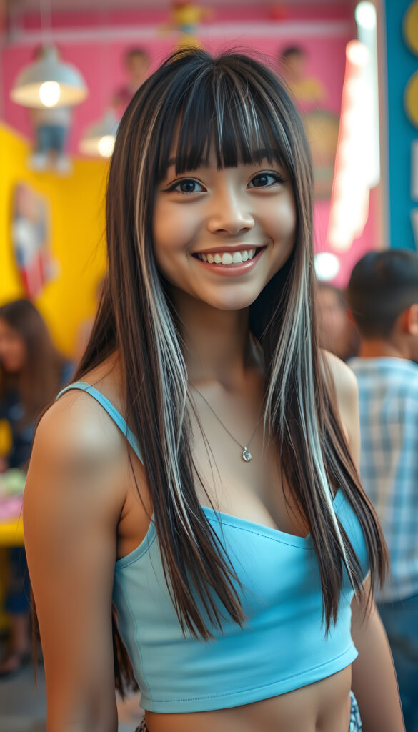 A lively and confident well busty teen girl with a playful tomboy vibe, featuring a bangs cut, straight very long dark hair with white strands, and cropped light blue tank top deep V-neck. She exudes energy and charm, with a bright and colorful background that accentuates her youthful spirit. The scene is vibrant, filled with warm tones and soft lighting that highlights her cheerful expression and stylish attire. The composition includes dynamic angles and playful elements that create a lively and engaging atmosphere