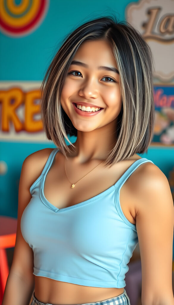 A lively and confident well busty teen girl with a playful tomboy vibe, featuring a bob cut, straight dark hair with white strands, and cropped light blue tank top deep V-neck. She exudes energy and charm, with a bright and colorful background that accentuates her youthful spirit. The scene is vibrant, filled with warm tones and soft lighting that highlights her cheerful expression and stylish attire. The composition includes dynamic angles and playful elements that create a lively and engaging atmosphere