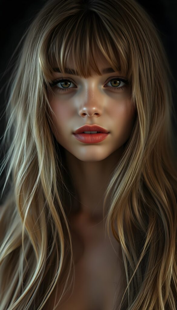 A lucky girl; her gaze into the camera very happy. She has long, silky blond hair and brown highlights that falls gently over her shoulders, bangs. Dark backdrop. Realistic. 4K. HDR. She has full kissable red lips. Seductive look. Flawless skin. Big round amber eyes.