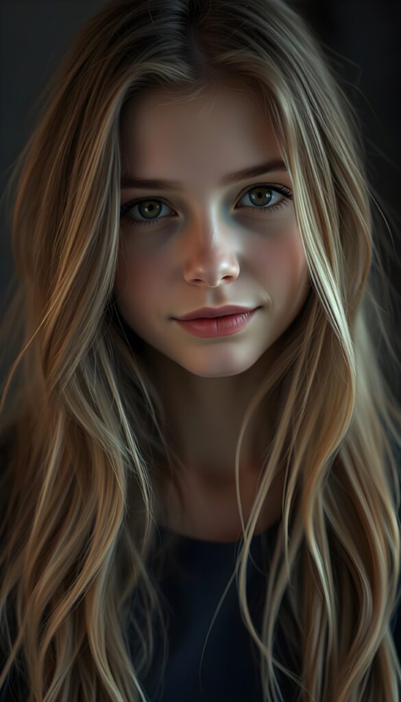 A sad girl; her gaze into the camera conveys nothing but sadness. She has long, silky blond hair and brown highlights that falls gently over her shoulders, and her eyes are dark and tearful. Dark backdrop. Realistic. 4K. HDR.