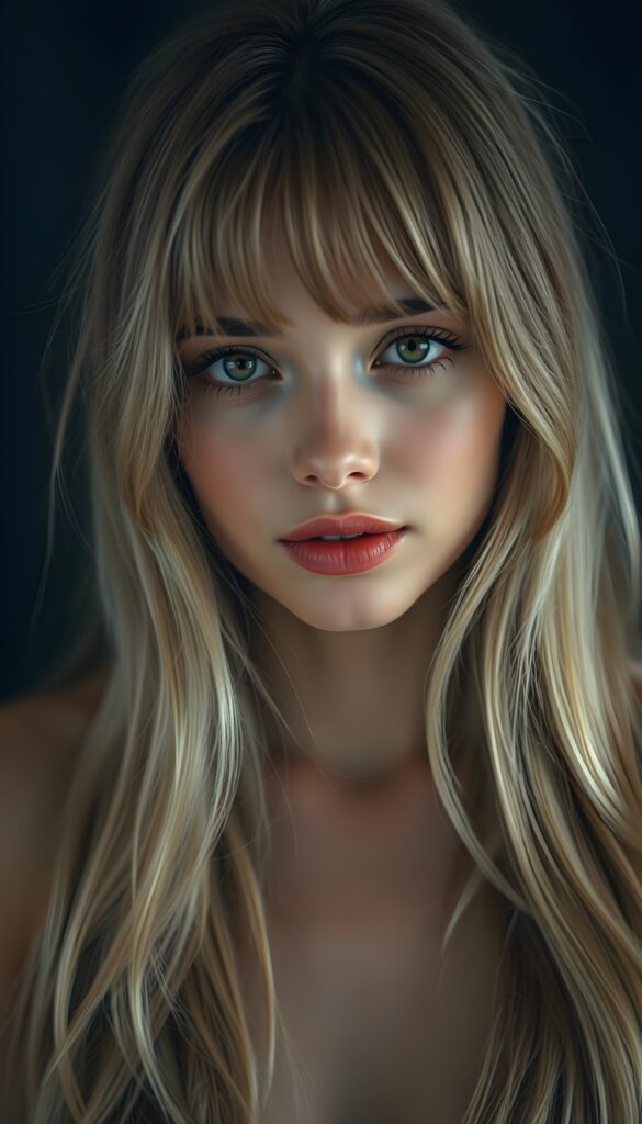 A lucky girl; her gaze into the camera very happy. She has long, silky blond hair and brown highlights that falls gently over her shoulders, bangs. Dark backdrop. Realistic. 4K. HDR. She has full kissable red lips. Seductive look. Flawless skin. Big round amber eyes.