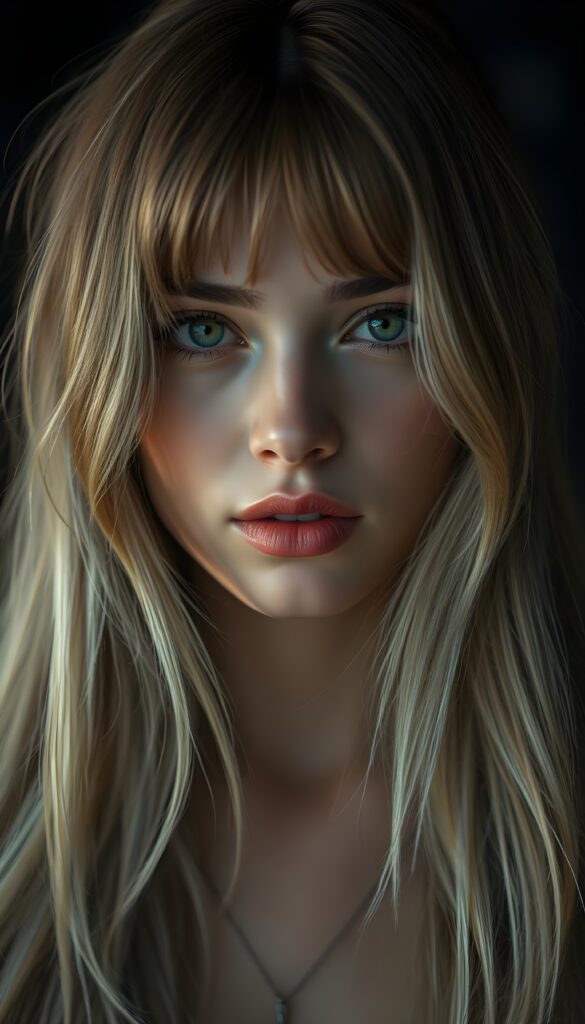 A lucky girl; her gaze into the camera very happy. She has long, silky blond hair and brown highlights that falls gently over her shoulders, bangs. Dark backdrop. Realistic. 4K. HDR. She has full kissable red lips. Seductive look. Flawless skin. Big round amber eyes.