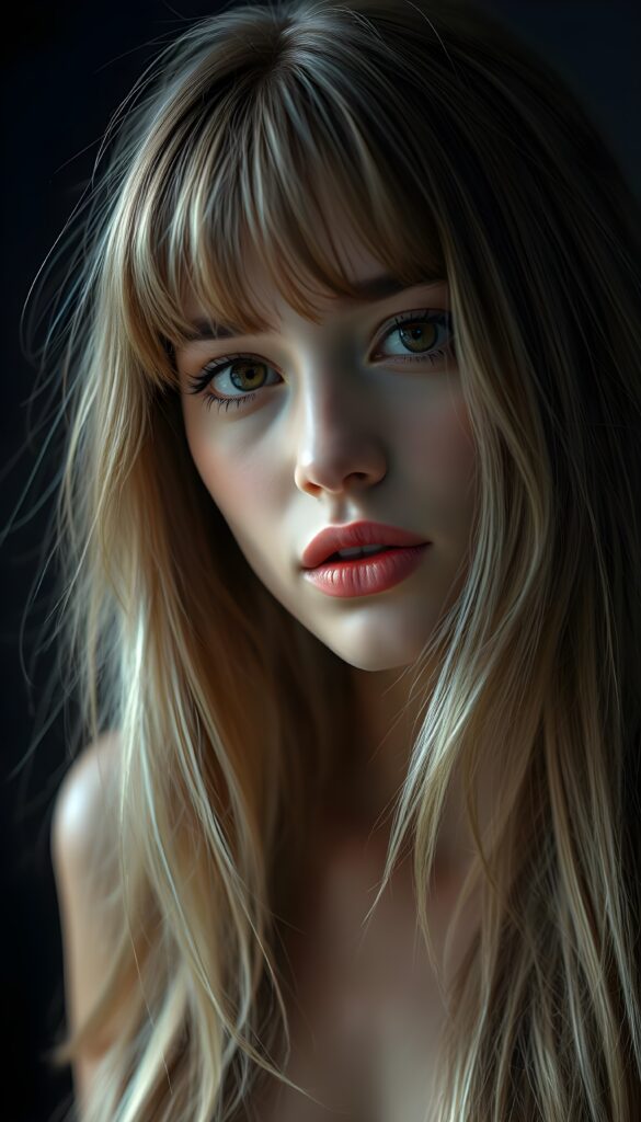 A lucky girl; her gaze into the camera very happy. She has long, silky blond hair and brown highlights that falls gently over her shoulders, bangs. Dark backdrop. Realistic. 4K. HDR. She has full kissable red lips. Seductive look. Flawless skin. Big round amber eyes.