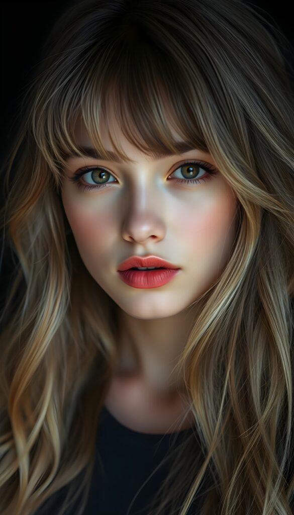 A lucky girl; her gaze into the camera very happy. She has long, silky blond hair and brown highlights that falls gently over her shoulders, bangs. Dark backdrop. Realistic. 4K. HDR. She has full kissable red lips. Seductive look. Flawless skin. Big round amber eyes.
