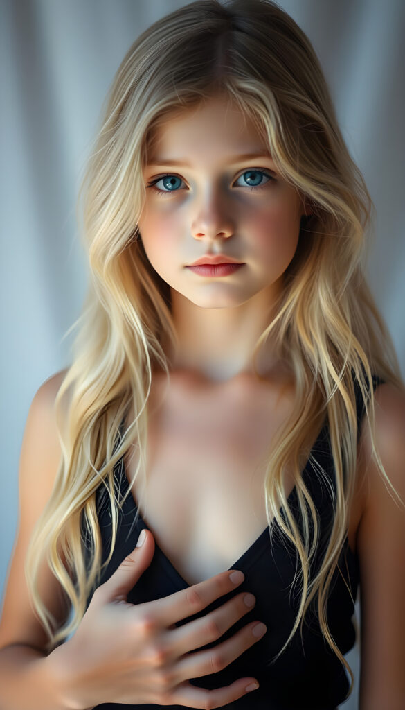 A magical, ethereal portrait of a young girl with long, wavy blonde hair and soft, delicate features. She wears a deep V-neck black tank top, revealing a hint of her chest. The background is a hazy, dreamy white, filled with soft, diffused light that creates a mystical atmosphere. Her eyes sparkle with an otherworldly glow, and her skin has a faint, iridescent sheen. She stands gracefully, one hand lightly touching her chest, exuding an aura of innocence and enchantment. The colors are rich and vibrant, with a mix of pastel and bold hues that blend seamlessly, enhancing the surreal and captivating mood of the scene.