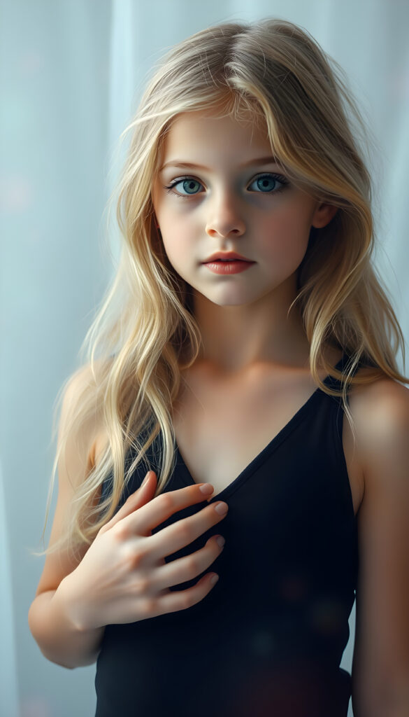A magical, ethereal portrait of a young girl with long, wavy blonde hair and soft, delicate features. She wears a deep V-neck black tank top, revealing a hint of her chest. The background is a hazy, dreamy white, filled with soft, diffused light that creates a mystical atmosphere. Her eyes sparkle with an otherworldly glow, and her skin has a faint, iridescent sheen. She stands gracefully, one hand lightly touching her chest, exuding an aura of innocence and enchantment. The colors are rich and vibrant, with a mix of pastel and bold hues that blend seamlessly, enhancing the surreal and captivating mood of the scene.