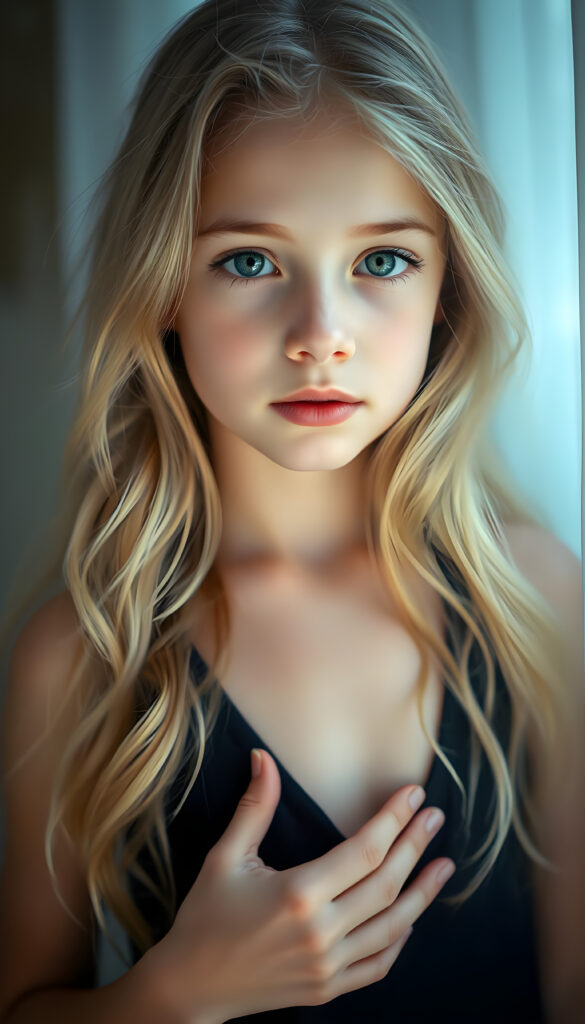 A magical, ethereal portrait of a young girl with long, wavy blonde hair and soft, delicate features. She wears a deep V-neck black tank top, revealing a hint of her chest. The background is a hazy, dreamy white, filled with soft, diffused light that creates a mystical atmosphere. Her eyes sparkle with an otherworldly glow, and her skin has a faint, iridescent sheen. She stands gracefully, one hand lightly touching her chest, exuding an aura of innocence and enchantment. The colors are rich and vibrant, with a mix of pastel and bold hues that blend seamlessly, enhancing the surreal and captivating mood of the scene.