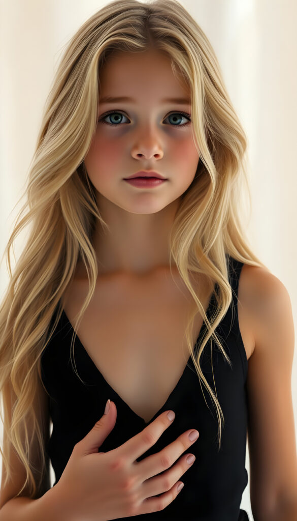 A magical, ethereal portrait of a young girl with long, wavy blonde hair and soft, delicate features. She wears a deep V-neck black tank top, revealing a hint of her chest. The background is a hazy, dreamy white, filled with soft, diffused light that creates a mystical atmosphere. Her eyes sparkle with an otherworldly glow, and her skin has a faint, iridescent sheen. She stands gracefully, one hand lightly touching her chest, exuding an aura of innocence and enchantment. The colors are rich and vibrant, with a mix of pastel and bold hues that blend seamlessly, enhancing the surreal and captivating mood of the scene.