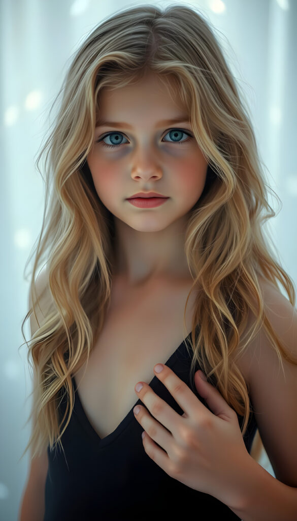 A magical, ethereal portrait of a young girl with long, wavy blonde hair and soft, delicate features. She wears a deep V-neck black tank top, revealing a hint of her chest. The background is a hazy, dreamy white, filled with soft, diffused light that creates a mystical atmosphere. Her eyes sparkle with an otherworldly glow, and her skin has a faint, iridescent sheen. She stands gracefully, one hand lightly touching her chest, exuding an aura of innocence and enchantment. The colors are rich and vibrant, with a mix of pastel and bold hues that blend seamlessly, enhancing the surreal and captivating mood of the scene.