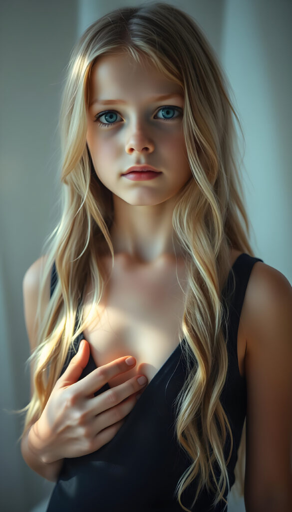 A magical, ethereal portrait of a young girl with long, wavy blonde hair and soft, delicate features. She wears a deep V-neck black tank top, revealing a hint of her chest. The background is a hazy, dreamy white, filled with soft, diffused light that creates a mystical atmosphere. Her eyes sparkle with an otherworldly glow, and her skin has a faint, iridescent sheen. She stands gracefully, one hand lightly touching her chest, exuding an aura of innocence and enchantment. The colors are rich and vibrant, with a mix of pastel and bold hues that blend seamlessly, enhancing the surreal and captivating mood of the scene.