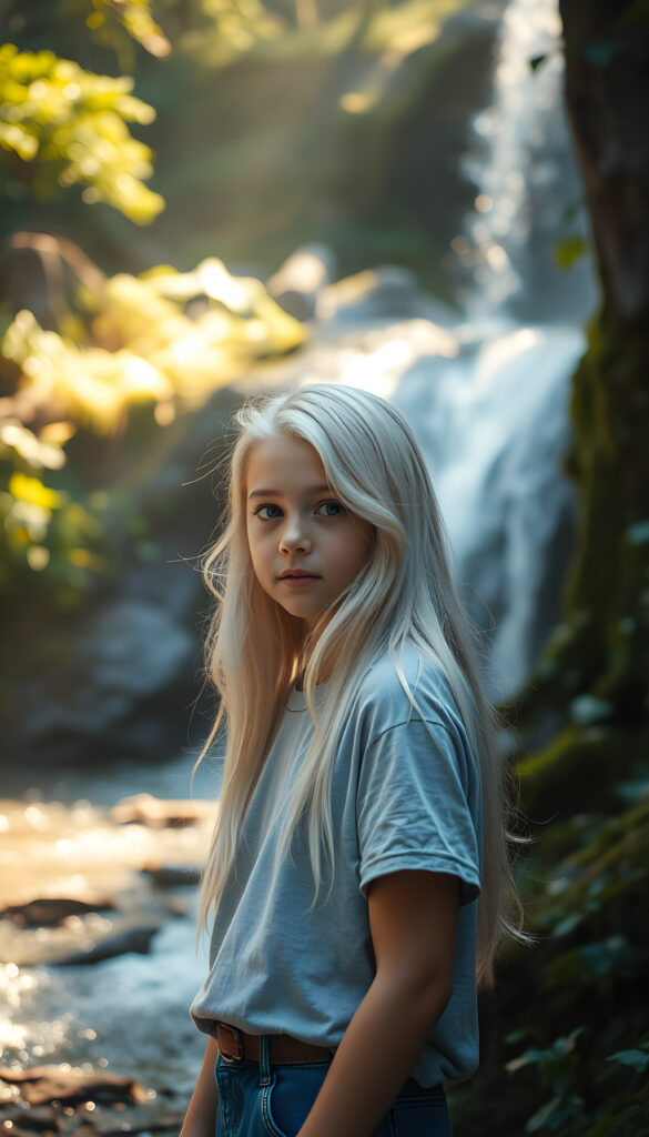 A magical scene set in a vibrant forest with a young girl with long white hair, wearing a light grey t-shirt, standing near a mystical waterfall with sparkling water and lush greenery around her, bathed in soft, golden sunlight, making the scene look ethereal and enchanting.