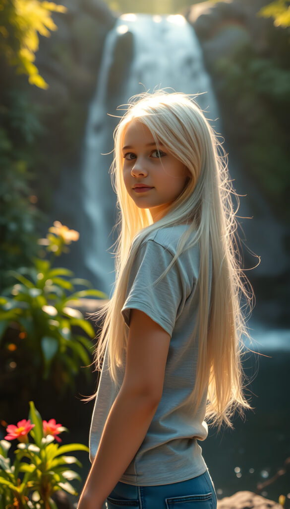 A magical scene set in a vibrant forest with a young girl with long white hair, wearing a light grey t-shirt, standing near a mystical waterfall with sparkling water and lush greenery around her, bathed in soft, golden sunlight, making the scene look ethereal and enchanting.