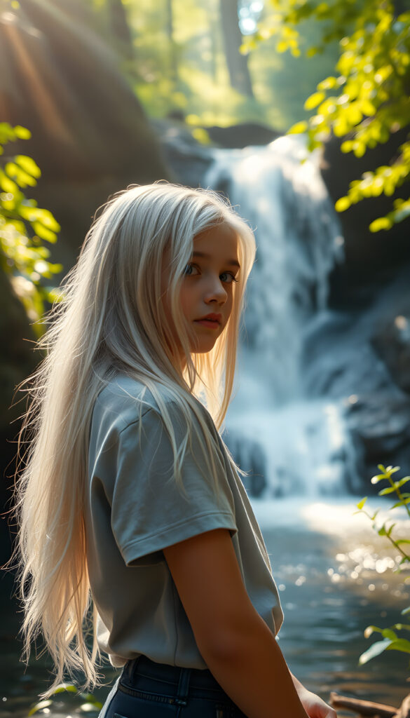 A magical scene set in a vibrant forest with a young girl with long white hair, wearing a light grey t-shirt, standing near a mystical waterfall with sparkling water and lush greenery around her, bathed in soft, golden sunlight, making the scene look ethereal and enchanting.