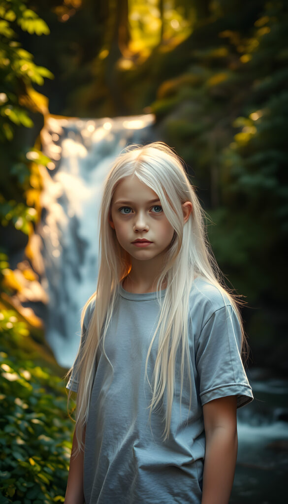 A magical scene set in a vibrant forest with a young girl with long white hair, wearing a light grey t-shirt, standing near a mystical waterfall with sparkling water and lush greenery around her, bathed in soft, golden sunlight, making the scene look ethereal and enchanting.