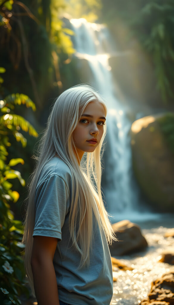 A magical scene set in a vibrant forest with a young girl with long white hair, wearing a light grey t-shirt, standing near a mystical waterfall with sparkling water and lush greenery around her, bathed in soft, golden sunlight, making the scene look ethereal and enchanting.