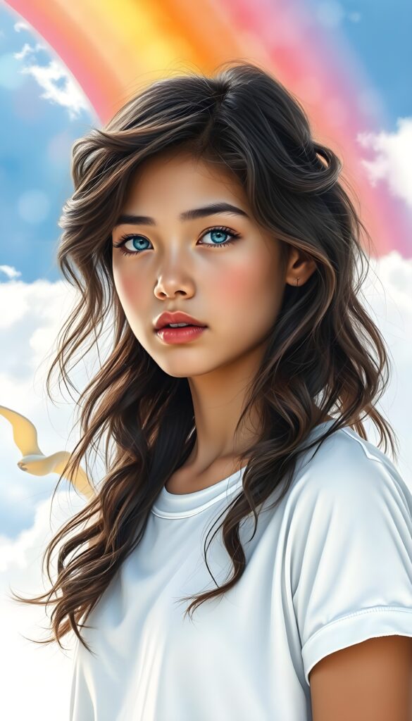 A masterful fine art portrait of a girl with dark wavy brown soft hair and azure blue eyes, set against a vivid rainbow backdrop of pink, orange, and yellow hues. The rainbow is overlaid on a serene, crystal-clear sky dotted with fluffy white clouds, evoking a sense of natural splendor and tranquil grace. The girl has delicate features and a serene expression, with subtle highlights on her skin and hair. The image has a soft, dreamy quality, with a bokeh effect on the background. White t-shirt.