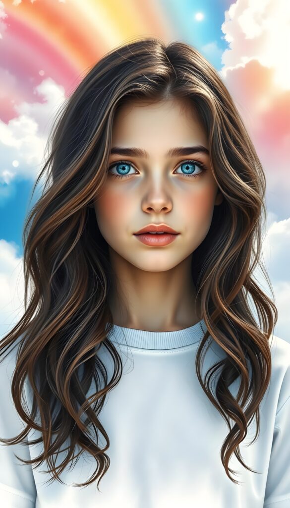 A masterful fine art portrait of a girl with dark wavy brown soft hair and azure blue eyes, set against a vivid rainbow backdrop of pink, orange, and yellow hues. The rainbow is overlaid on a serene, crystal-clear sky dotted with fluffy white clouds, evoking a sense of natural splendor and tranquil grace. The girl has delicate features and a serene expression, with subtle highlights on her skin and hair. The image has a soft, dreamy quality, with a bokeh effect on the background. White t-shirt.