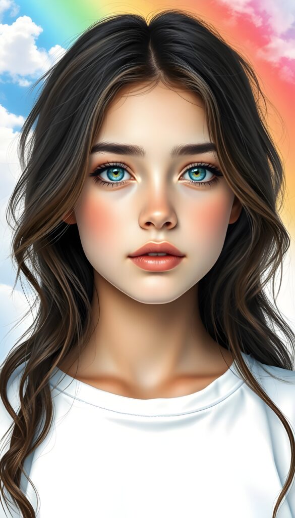 A masterful fine art portrait of a girl with dark wavy brown soft hair and azure blue eyes, set against a vivid rainbow backdrop of pink, orange, and yellow hues. The rainbow is overlaid on a serene, crystal-clear sky dotted with fluffy white clouds, evoking a sense of natural splendor and tranquil grace. The girl has delicate features and a serene expression, with subtle highlights on her skin and hair. The image has a soft, dreamy quality, with a bokeh effect on the background. White t-shirt.
