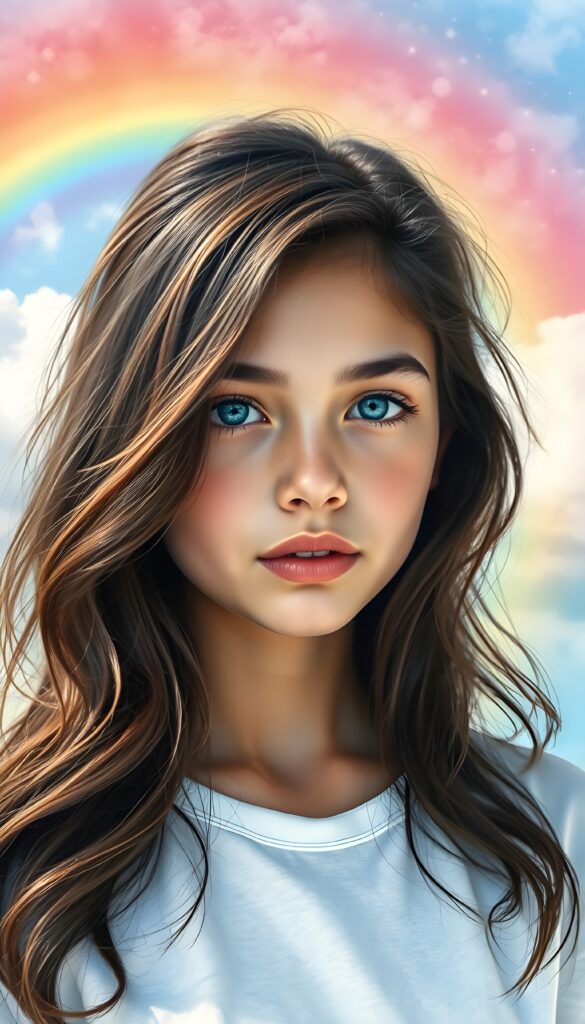 A masterful fine art portrait of a girl with dark wavy brown soft hair and azure blue eyes, set against a vivid rainbow backdrop of pink, orange, and yellow hues. The rainbow is overlaid on a serene, crystal-clear sky dotted with fluffy white clouds, evoking a sense of natural splendor and tranquil grace. The girl has delicate features and a serene expression, with subtle highlights on her skin and hair. The image has a soft, dreamy quality, with a bokeh effect on the background. White t-shirt.
