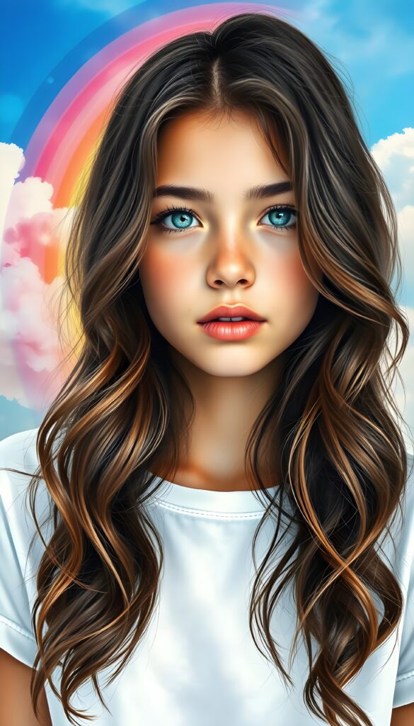 A masterful fine art portrait of a girl with dark wavy brown soft hair and azure blue eyes, set against a vivid rainbow backdrop of pink, orange, and yellow hues. The rainbow is overlaid on a serene, crystal-clear sky dotted with fluffy white clouds, evoking a sense of natural splendor and tranquil grace. The girl has delicate features and a serene expression, with subtle highlights on her skin and hair. The image has a soft, dreamy quality, with a bokeh effect on the background. White t-shirt.