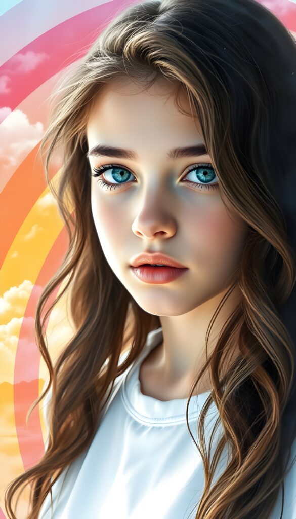 A masterful fine art portrait of a girl with dark wavy brown soft hair and azure blue eyes, set against a vivid rainbow backdrop of pink, orange, and yellow hues. The rainbow is overlaid on a serene, crystal-clear sky dotted with fluffy white clouds, evoking a sense of natural splendor and tranquil grace. The girl has delicate features and a serene expression, with subtle highlights on her skin and hair. The image has a soft, dreamy quality, with a bokeh effect on the background. White t-shirt.