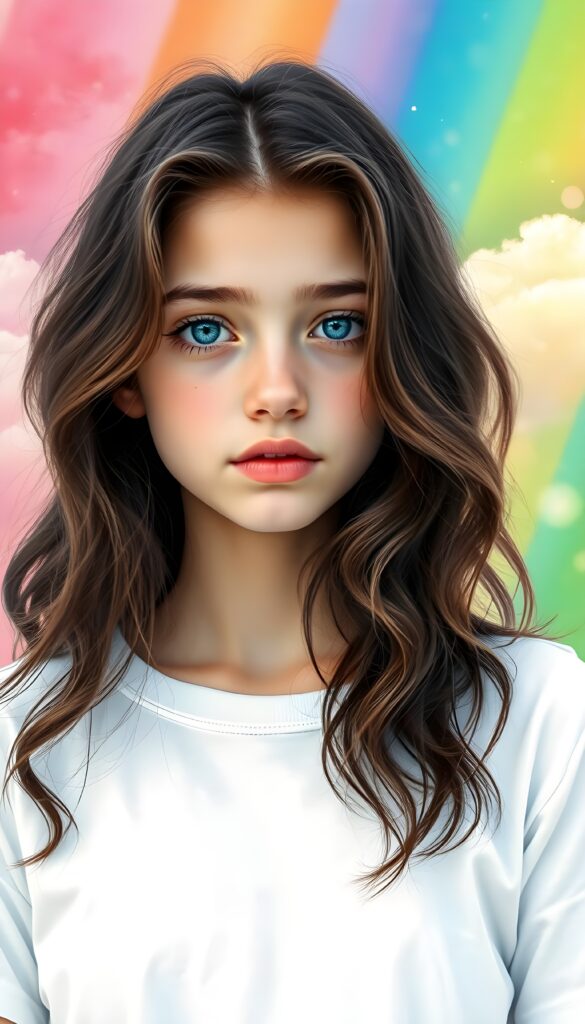 A masterful fine art portrait of a girl with dark wavy brown soft hair and azure blue eyes, set against a vivid rainbow backdrop of pink, orange, and yellow hues. The rainbow is overlaid on a serene, crystal-clear sky dotted with fluffy white clouds, evoking a sense of natural splendor and tranquil grace. The girl has delicate features and a serene expression, with subtle highlights on her skin and hair. The image has a soft, dreamy quality, with a bokeh effect on the background. White t-shirt.