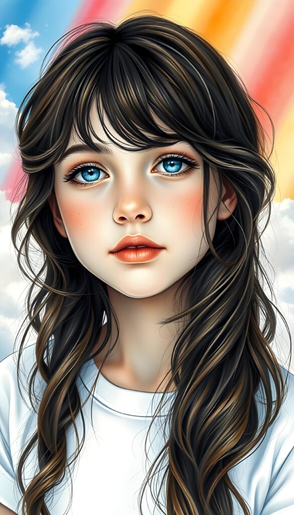 A masterful fine art portrait of a girl with dark wavy brown soft hair and azure blue eyes, set against a vivid rainbow backdrop of pink, orange, and yellow hues. The rainbow is overlaid on a serene, crystal-clear sky dotted with fluffy white clouds, evoking a sense of natural splendor and tranquil grace. The girl has delicate features and a serene expression, with subtle highlights on her skin and hair. The image has a soft, dreamy quality, with a bokeh effect on the background. White t-shirt.