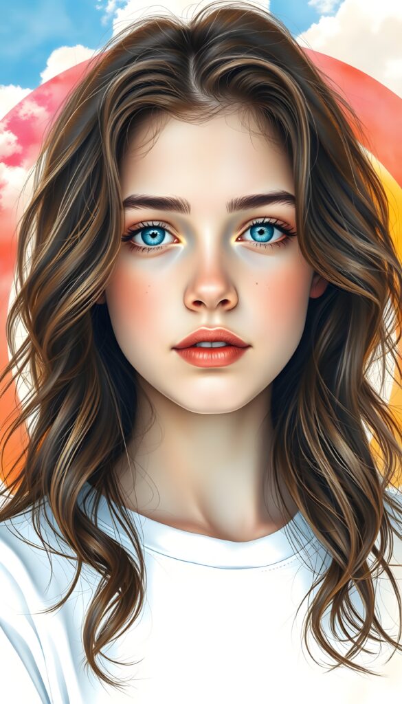 A masterful fine art portrait of a girl with dark wavy brown soft hair and azure blue eyes, set against a vivid rainbow backdrop of pink, orange, and yellow hues. The rainbow is overlaid on a serene, crystal-clear sky dotted with fluffy white clouds, evoking a sense of natural splendor and tranquil grace. The girl has delicate features and a serene expression, with subtle highlights on her skin and hair. The image has a soft, dreamy quality, with a bokeh effect on the background. White t-shirt.