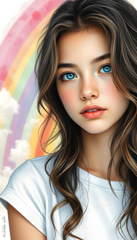 A masterful fine art portrait of a girl with dark wavy brown soft hair and azure blue eyes, set against a vivid rainbow backdrop of pink, orange, and yellow hues. The rainbow is overlaid on a serene, crystal-clear sky dotted with fluffy white clouds, evoking a sense of natural splendor and tranquil grace. The girl has delicate features and a serene expression, with subtle highlights on her skin and hair. The image has a soft, dreamy quality, with a bokeh effect on the background. White t-shirt.