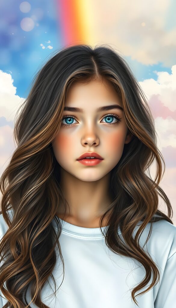 A masterful fine art portrait of a girl with dark wavy brown soft hair and azure blue eyes, set against a vivid rainbow backdrop of pink, orange, and yellow hues. The rainbow is overlaid on a serene, crystal-clear sky dotted with fluffy white clouds, evoking a sense of natural splendor and tranquil grace. The girl has delicate features and a serene expression, with subtle highlights on her skin and hair. The image has a soft, dreamy quality, with a bokeh effect on the background. White t-shirt.
