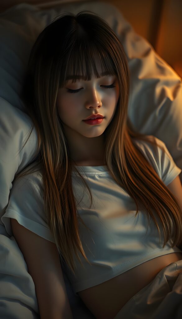 A masterfully detailed realistic photo of a young woman with long, straight dark blond hair, cascading down her shoulders, her features elegantly accentuated under the glow of a professional night photographer's lens. She slumbers peacefully in a cozy bed, her eyes softly closed, delicate eyelashes resting against her rosy cheeks, while her cut bangs frame her angelic face, enhancing her serene expression. She wears a short, tight white T-shirt that drapes gracefully over her form, crafted from gossamer-thin silk, casting a subtle sheen under the warm, ambient light. The composition is set against a softly lit, dimly lit room, creating a dreamlike, ethereal atmosphere, and a subtle bokeh effect highlighting the tranquil scene.