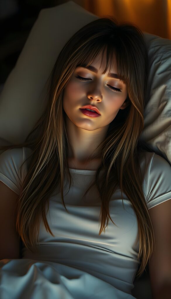 A masterfully detailed realistic photo of a young woman with long, straight dark blond hair, cascading down her shoulders, her features elegantly accentuated under the glow of a professional night photographer's lens. She slumbers peacefully in a cozy bed, her eyes softly closed, delicate eyelashes resting against her rosy cheeks, while her cut bangs frame her angelic face, enhancing her serene expression. She wears a short, tight white T-shirt that drapes gracefully over her form, crafted from gossamer-thin silk, casting a subtle sheen under the warm, ambient light. The composition is set against a softly lit, dimly lit room, creating a dreamlike, ethereal atmosphere, and a subtle bokeh effect highlighting the tranquil scene.