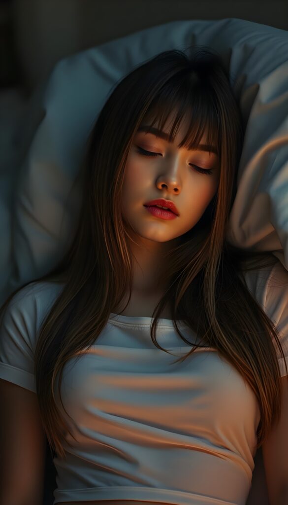 A masterfully detailed realistic photo of a young woman with long, straight dark blond hair, cascading down her shoulders, her features elegantly accentuated under the glow of a professional night photographer's lens. She slumbers peacefully in a cozy bed, her eyes softly closed, delicate eyelashes resting against her rosy cheeks, while her cut bangs frame her angelic face, enhancing her serene expression. She wears a short, tight white T-shirt that drapes gracefully over her form, crafted from gossamer-thin silk, casting a subtle sheen under the warm, ambient light. The composition is set against a softly lit, dimly lit room, creating a dreamlike, ethereal atmosphere, and a subtle bokeh effect highlighting the tranquil scene.