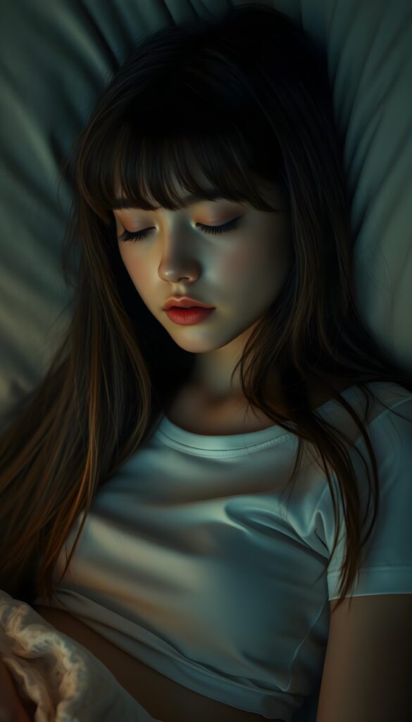A masterfully detailed realistic photo of a young woman with long, straight dark blond hair, cascading down her shoulders, her features elegantly accentuated under the glow of a professional night photographer's lens. She slumbers peacefully in a cozy bed, her eyes softly closed, delicate eyelashes resting against her rosy cheeks, while her cut bangs frame her angelic face, enhancing her serene expression. She wears a short, tight white T-shirt that drapes gracefully over her form, crafted from gossamer-thin silk, casting a subtle sheen under the warm, ambient light. The composition is set against a softly lit, dimly lit room, creating a dreamlike, ethereal atmosphere, and a subtle bokeh effect highlighting the tranquil scene.