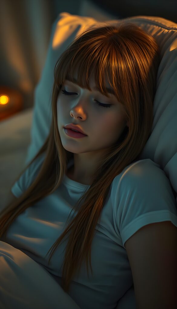 A masterfully detailed realistic photo of a young woman with long, straight dark blond hair, cascading down her shoulders, her features elegantly accentuated under the glow of a professional night photographer's lens. She slumbers peacefully in a cozy bed, her eyes softly closed, delicate eyelashes resting against her rosy cheeks, while her cut bangs frame her angelic face, enhancing her serene expression. She wears a short, tight white T-shirt that drapes gracefully over her form, crafted from gossamer-thin silk, casting a subtle sheen under the warm, ambient light. The composition is set against a softly lit, dimly lit room, creating a dreamlike, ethereal atmosphere, and a subtle bokeh effect highlighting the tranquil scene.