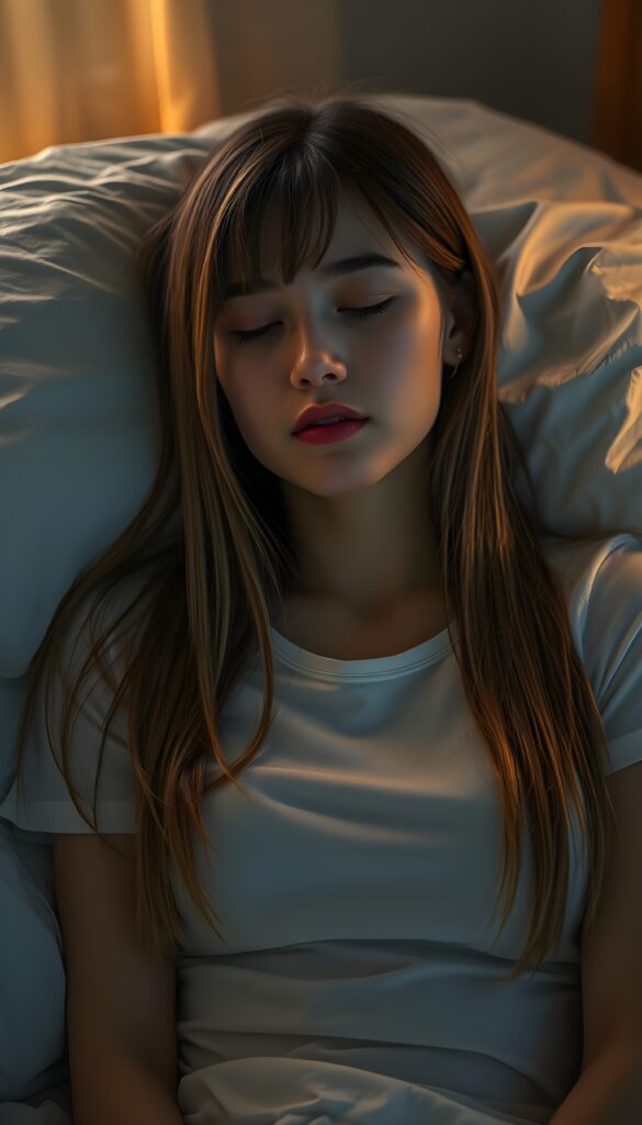 A masterfully detailed realistic photo of a young woman with long, straight dark blond hair, cascading down her shoulders, her features elegantly accentuated under the glow of a professional night photographer's lens. She slumbers peacefully in a cozy bed, her eyes softly closed, delicate eyelashes resting against her rosy cheeks, while her cut bangs frame her angelic face, enhancing her serene expression. She wears a short, tight white T-shirt that drapes gracefully over her form, crafted from gossamer-thin silk, casting a subtle sheen under the warm, ambient light. The composition is set against a softly lit, dimly lit room, creating a dreamlike, ethereal atmosphere, and a subtle bokeh effect highlighting the tranquil scene.