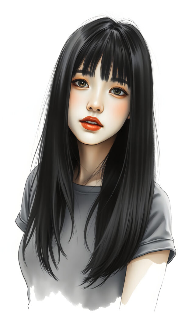 A masterpiece of a picture show you a young Korean girl with straight jet very long black hair falls down to her upper body, framing her face, same lengths. She is dressed in a grey sleek t-shirt, perfect female curved body.