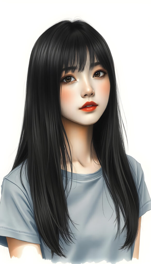 A masterpiece of a picture show you a young Korean girl with straight jet very long black hair falls down to her upper body, framing her face, same lengths. She is dressed in a grey sleek t-shirt, perfect female curved body.