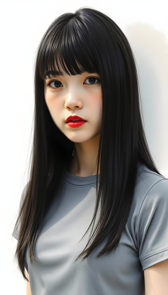A masterpiece of a picture show you a young Korean girl with straight jet very long black hair falls down to her upper body, framing her face, same lengths. She is dressed in a grey sleek t-shirt, perfect female curved body.