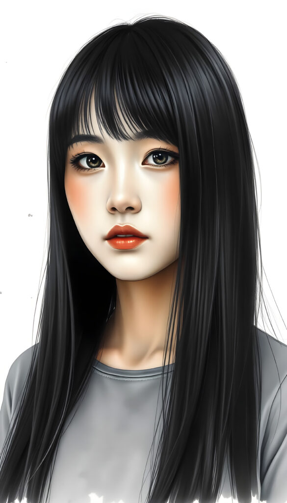 A masterpiece of a picture show you a young Korean girl with straight jet very long black hair falls down to her upper body, framing her face, same lengths. She is dressed in a grey sleek t-shirt, perfect female curved body.