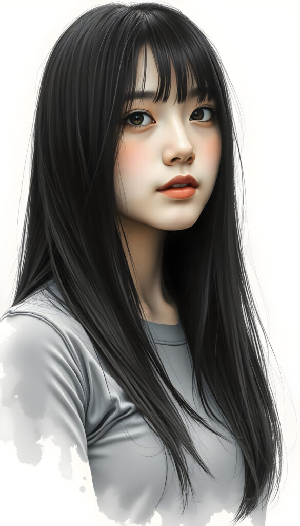 A masterpiece of a picture show you a young Korean girl with straight jet very long black hair falls down to her upper body, framing her face, same lengths. She is dressed in a grey sleek t-shirt, perfect female curved body.