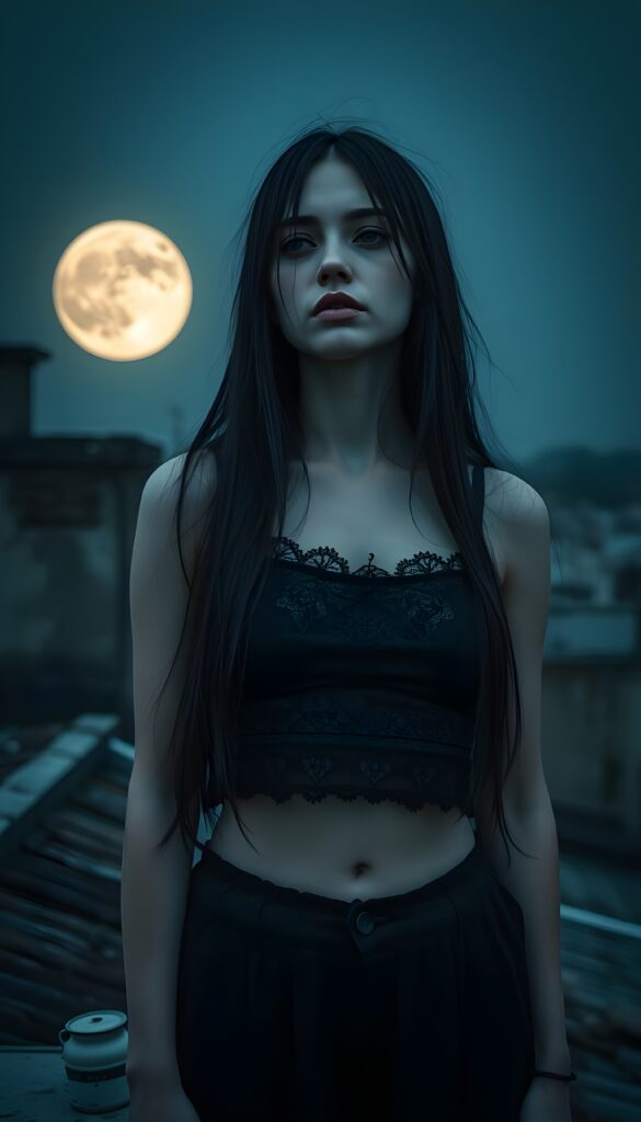 A melancholic pale gothic girl with a somber expression stands on a weathered rooftop, gazing at the luminous full moon. She wears a tattered black cropped tank top, revealing her midriff, and her long, straight black hair cascades down her back. The scene is bathed in a soft, ethereal blue and silver glow, highlighting the delicate details of her Gothic attire. The moon casts an enchanting light, creating a surreal atmosphere with a touch of mystery and solitude. The girl's pale skin contrasts beautifully with the dark, moody background, and the intricate lace and ruffles of her outfit add a touch of elegance and depth to the composition.