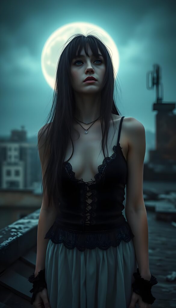 A melancholic pale gothic girl with a somber expression stands on a weathered rooftop, gazing at the luminous full moon. She wears a tattered black cropped tank top, revealing her midriff, and her long, straight black hair cascades down her back. The scene is bathed in a soft, ethereal blue and silver glow, highlighting the delicate details of her Gothic attire. The moon casts an enchanting light, creating a surreal atmosphere with a touch of mystery and solitude. The girl's pale skin contrasts beautifully with the dark, moody background, and the intricate lace and ruffles of her outfit add a touch of elegance and depth to the composition.