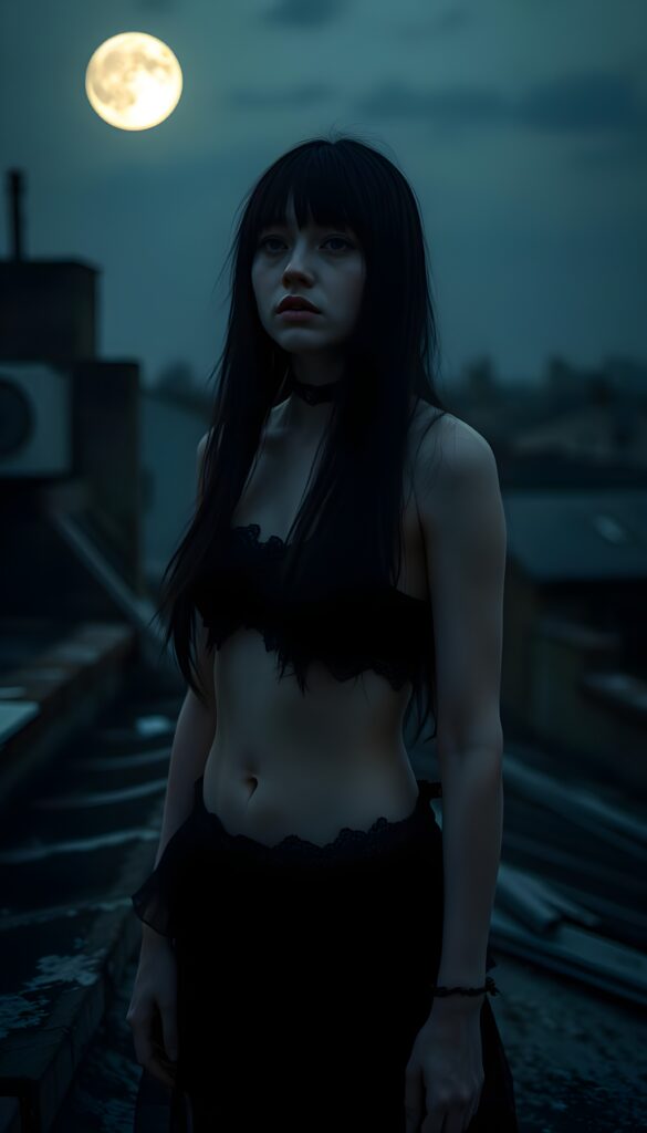 A melancholic pale gothic girl with a somber expression stands on a weathered rooftop, gazing at the luminous full moon. She wears a tattered black cropped tank top, revealing her midriff, and her long, straight black hair cascades down her back. The scene is bathed in a soft, ethereal blue and silver glow, highlighting the delicate details of her Gothic attire. The moon casts an enchanting light, creating a surreal atmosphere with a touch of mystery and solitude. The girl's pale skin contrasts beautifully with the dark, moody background, and the intricate lace and ruffles of her outfit add a touch of elegance and depth to the composition.