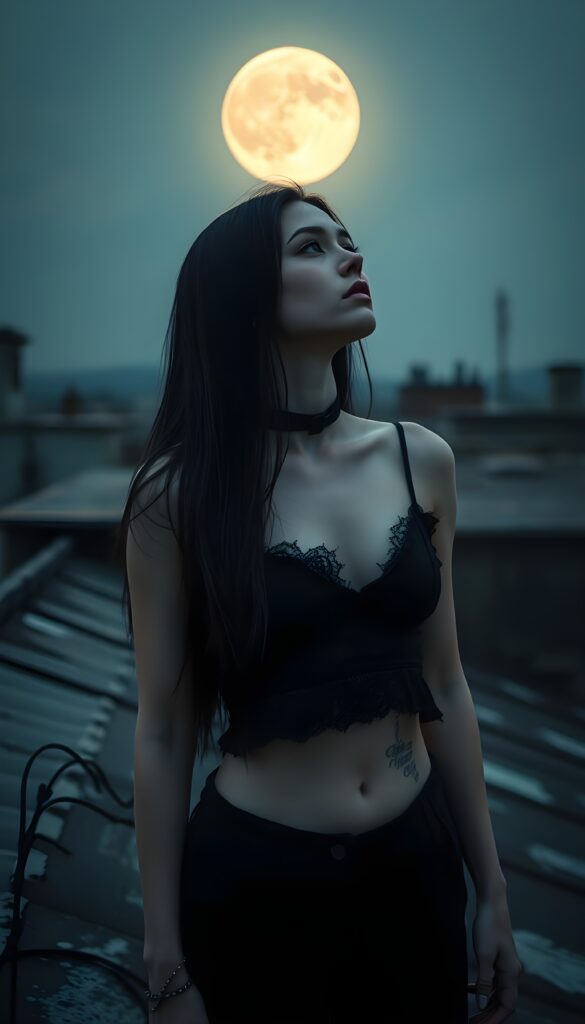 A melancholic pale gothic girl with a somber expression stands on a weathered rooftop, gazing at the luminous full moon. She wears a tattered black cropped tank top, revealing her midriff, and her long, straight black hair cascades down her back. The scene is bathed in a soft, ethereal blue and silver glow, highlighting the delicate details of her Gothic attire. The moon casts an enchanting light, creating a surreal atmosphere with a touch of mystery and solitude. The girl's pale skin contrasts beautifully with the dark, moody background, and the intricate lace and ruffles of her outfit add a touch of elegance and depth to the composition.