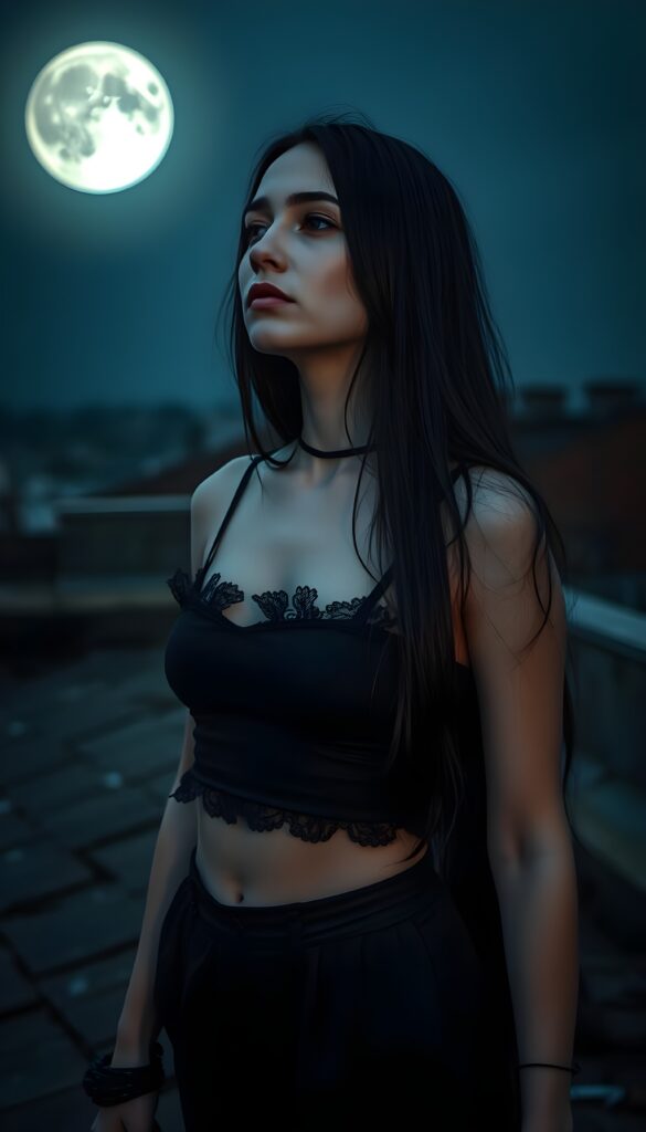 A melancholic pale gothic girl with a somber expression stands on a weathered rooftop, gazing at the luminous full moon. She wears a tattered black cropped tank top, revealing her midriff, and her long, straight black hair cascades down her back. The scene is bathed in a soft, ethereal blue and silver glow, highlighting the delicate details of her Gothic attire. The moon casts an enchanting light, creating a surreal atmosphere with a touch of mystery and solitude. The girl's pale skin contrasts beautifully with the dark, moody background, and the intricate lace and ruffles of her outfit add a touch of elegance and depth to the composition.